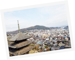 写真:街を見下ろしています。天寧寺 海雲塔や、たくさんの家や、海と山が写っています。